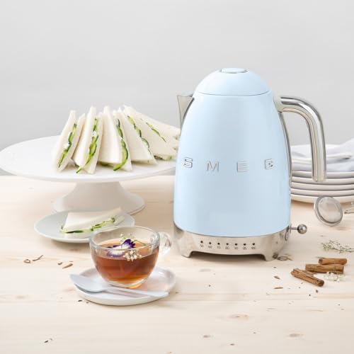 Image of SMEG Variable Temperature Electric Kettle 1.7L (7 Cup), Stainless Steel Tea & Coffee Kettle, Fast Boil, Adjustable Temp 122F-212F, Keep Warm, Auto Shut-Off, 360 Base, Retro Style-Pastel Blue
