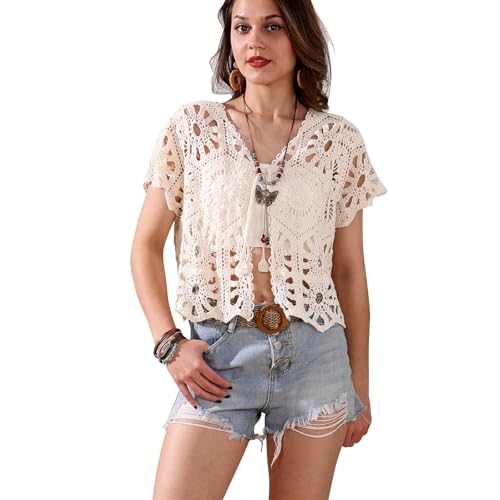 Women's Short Sleeve Open Front Boho Hollow Out Crochet Cardigan Shrug Sweater3