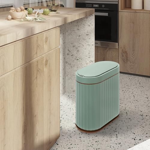 Image of ELPHECO Plastic Touchless Trash Can, Small, Gold, Motion-Sensor, Rectangular, Bathroom, Bedroom, Kitchen, Office (Sage Green, 2 Gallons)