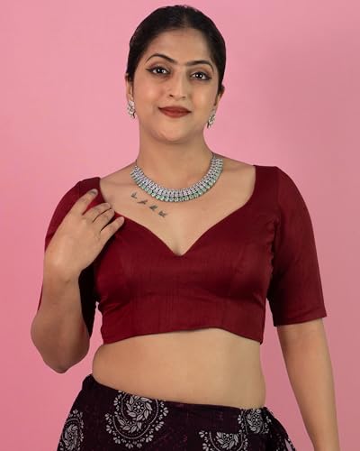 Image of FIGURE'S DESIGNER Women's Dupion Raw Silk Half Elbow Sleeves Sweetheart V Neck Sabyasachi Cut Readymade Saree Blouse S10
