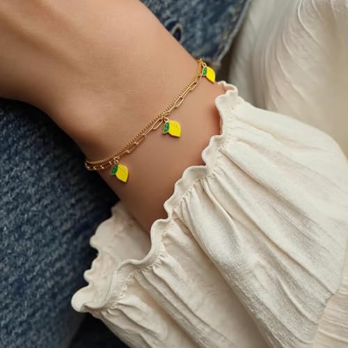 Fruit Charm Bracelets for Women, 18K Gold Plated with Adjustable Layered Link for Women Dainty Jewelry Gifts3