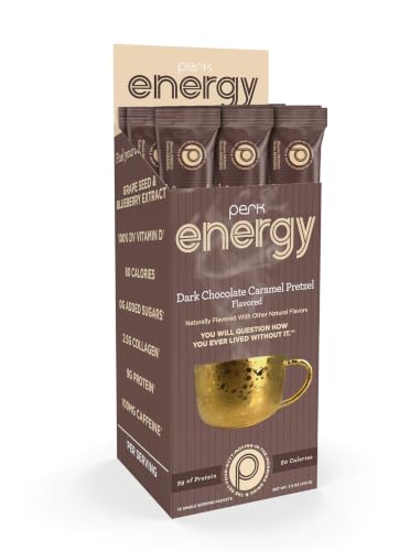 Image of Perk Energy Drink Mix (Dark Chocolate Salted Carmel Pretzel) 10 Stick Packs | Caffeinated Healthy Coffee Alternative with Protein, 100mg of Caffeine, Gluten-Free, Soy-Free, Peanut-Free