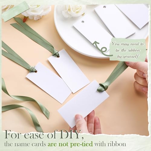 Humyoun 50 Pcs Name Place Cards for Table Setting Blank Wedding Place Cards with Satin Ribbon 1.57 x 3.54 Inch Hanging Gift Tags for Wedding Dinner Banquet Party Table Setting Supplies(Sage Green)