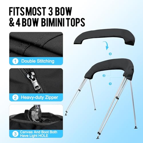 Image of Bimini Tops for Boats, Black 3 Bow L6' x W61-66 x H46, 900D Polyester Bimini Top, 2 Rear Support Poles and Storage Boot, 4 Adjustable Nylon Straps