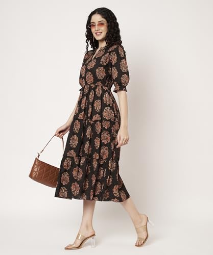 Image of PIDAVLIYA'S Women's Cotton Floral Printed Midi Dress | V-Neck Fit & Flare Dress with Puff Sleeves | Casual Summer Wear