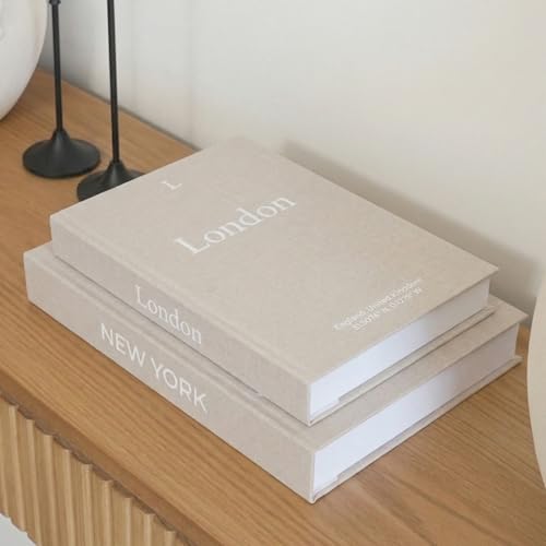 Image of Faux Book Storage Box Set of 2-Beige /Beige-Decorative Faux Books with Hidden Storage for Coffee Table Decor, Bookshelf or Mantle-Linen Decorative Boxes-Aesthetic Book Decor for Home
