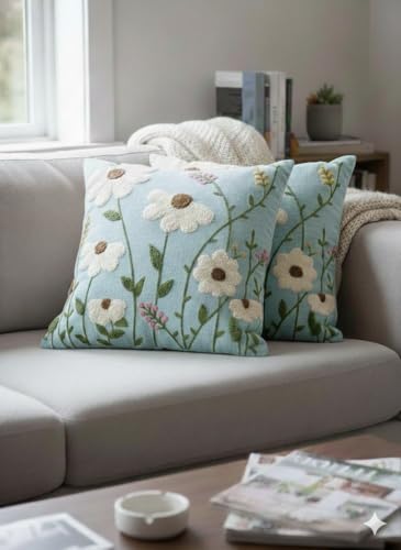 Image of CASA-NEST Linen Embroidery Cushion Cover, Size -16x16 inch, Pack of 2 pc, Decorative Sofa Cushion (Aqua, 2)
