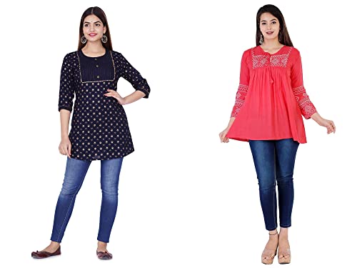 Image of Shiva Fab Short Kurti for Women | Embroidered Straight Rayon Kurta | Round Neck Full Sleeves Short Kurti for Women's