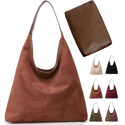 Image of Suede Hobo Bag for Women - Brown Retro Slouchy Purse - 2025 Upgrade New Fall Collection