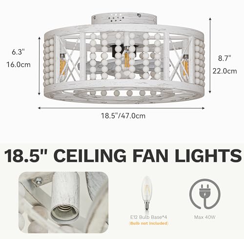 DWVO 18.5 Inch Caged Ceiling Fan with Lights and Remote, Beaded Decor, Farmhouse Flush Mount Ceiling Light Fixture with Reversible DC Motor, 6 Speeds, for Bedroom, Living Room, Dining Room (Off-White)