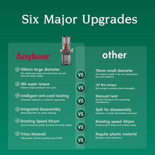 Anybear Cold Press Juicer, 200W Masticating Slow Juicer 4.3" Large Feed Chute Fit Whole Fruits Vegetables | Upgraded Auger | Tritan Materials | BPA Free | Juice Recipes (Silver) - Image 3