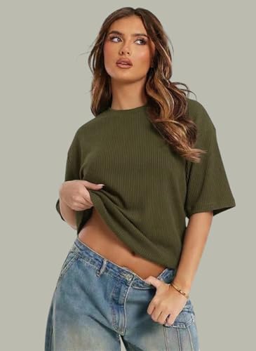 Image of RodZen Oversized Fit Half Sleeves Round Neck Textured Polycotton T-Shirt for Women /Girls (Pack of 2)