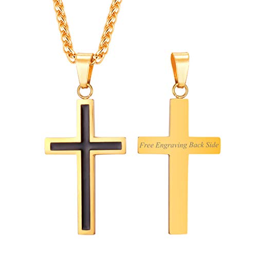 U7 Customized Gold Cross Necklace with Rope Chain Men Boys Fashion Baptism Gift Personalized Charm Pendants,Text Engravable