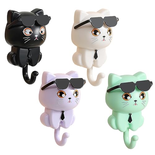 4Pcs Cartoon Sunglasses Cat Key Holder Creative Adhesive Cute Cat Key Hook Cute Macaron Color Adhesive Hook for Wall Decorative Pet Wall Hooks for Hanging Key