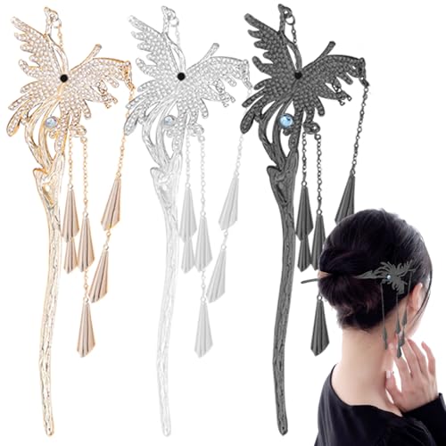 3 peças de hashis de cabelo chinês de borboleta, alfinetes de cabelo vintage de metal, strass, palit