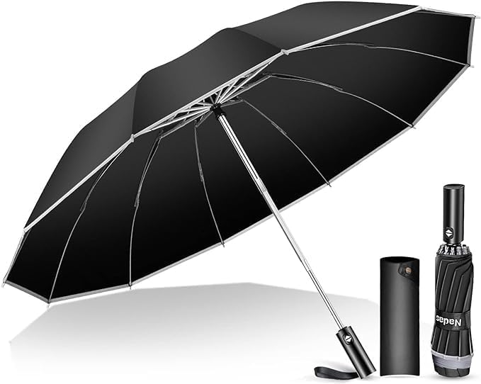 JukmenTravel Umbrella with Carabiner Handle,Large Compact Reverse Umbrella for Rain and UV Protection,12 Ribs Windproof Automatic Umbrella with Reflective Strip for Women Men