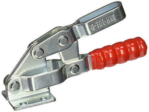 Vertical toggle clamp held in a hand, showing its compact size and dimensions of 2.9 inches (7 cm).