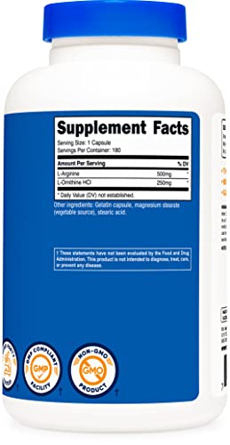 Nutricost L-Arginine L-Ornithine 750Mg; 180 Capsules #TOP3