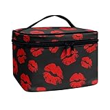 Horeset Red Lips Print Fashion Makeup Bag for Women Travel Toiletry Bag with 5 Brush Slot Cosmetic Bag for Business Outdoor