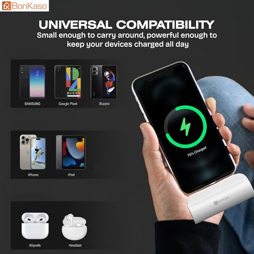 Image of BonKaso 5000mAh Mini Power Bank 15W PD Fast Charging, Built-in Type-C & i5 Cable, USB-C Input /Output, LED Indicator, Mobile Stand, Compact Pocket Portable Charger for iPhone & Android - White