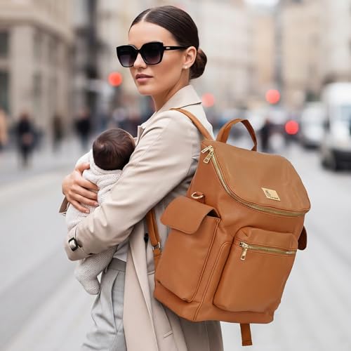 Image of R for Rabbit Caramello Bold Neo Diaper Bag for Moms, Vegan Leather Baby Bag with Insulated Bottle Pockets, Multi-Compartment Maternity Backpack, Stylish Travel Bag Upto 39 Litre Capacity (Tan Brown)