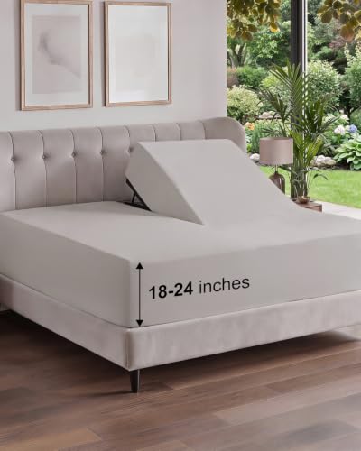 Image of Extra Deep Flex Top Split Head King Fitted Sheet - Hotel Luxury Single Fitted Sheet Only - Easily Fits 18 inch to 24 inch Mattress - Ultra Soft, Wrinkle Free w /Extra Deep Pockets - Light Grey