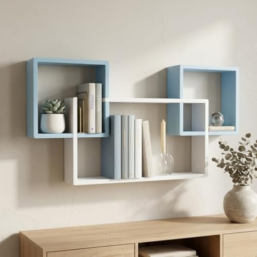 Image of Modern Geometric Floating Wall Shelf - Wall Mounted Decorative Display Shelves for Living Room, Bedroom & Office | Wooden Wall Shelf for Home Decor, Books, Plants & Showpieces WHITE & SKY BLUE