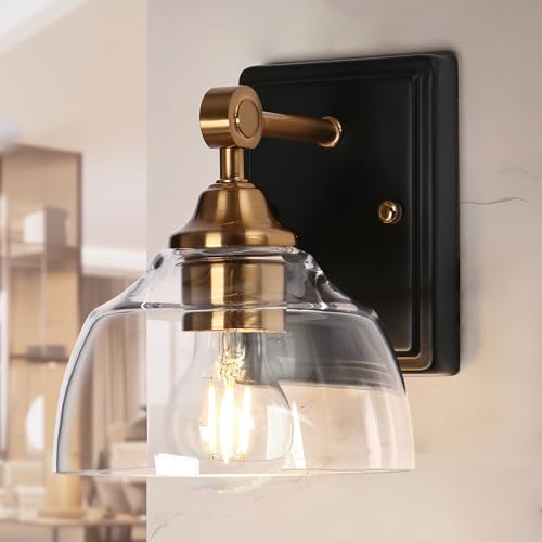 Image of KSANA Sconces Wall Lighting, 1-Light Black and Gold Wall Sconce Light, Modern Bedroom Bathroom Wall Sconces Indoor with Clear Glass Shade