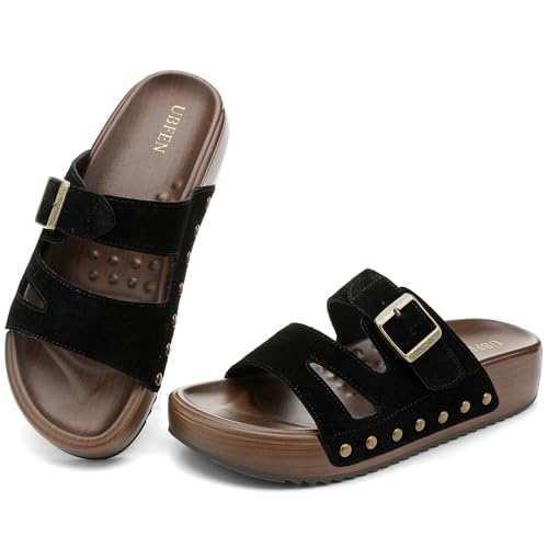 Image of UBFEN Womens Platform Slide Sandals | Real Leather,Buckle Sandals with Cushioned Flatform Footbed,Comfortable for Walking,Arch Support,Casual Styling