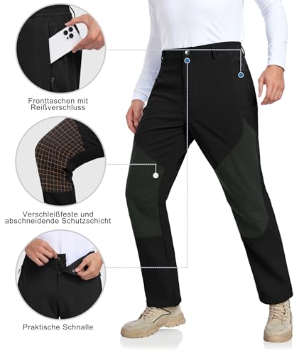 Djtnzdm Outdoorhose Herren Winter Ski Softshellhose Wasserdicht Snowboarhose Gefüttert Fahrradhose Warm Winddichte Thermohose Männer mit Tasche 3XL Schwarz