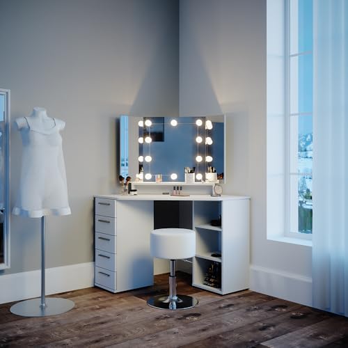 Vicco Tocador de Esquina Sofia, Blanco, 128 cm con iluminación LED y Taburete