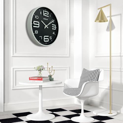 Image of OREVA 12 Inch Round Fancy Embossed Number Dial Contemporary Stylish Quartz Clocks Modern Analog Silent Wall Clock for Living Room Bedroom Home Decor Office AQ-9497SS (Black)
