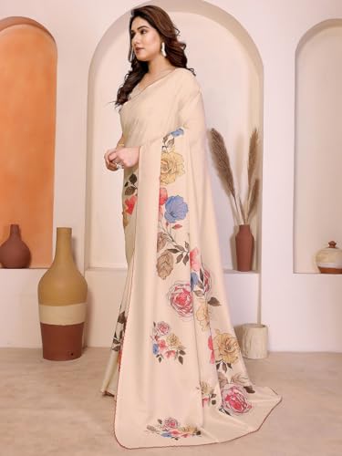 Image of Satrani Women's Tussar Silk Floral Printed Saree with Unstitched Blouse Piece