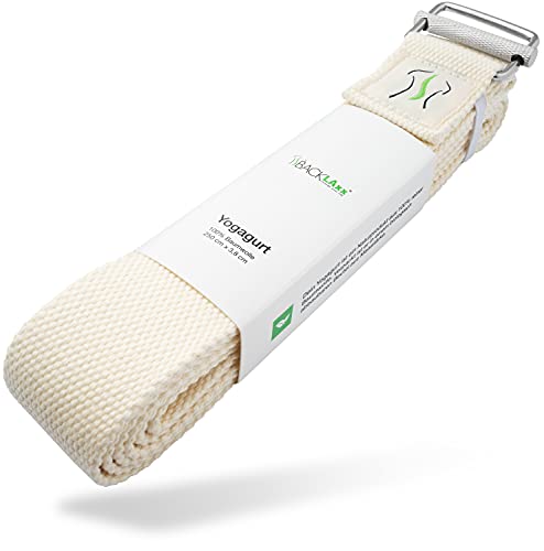 BACKLAxx ® Cintura yoga 100% cotone per principianti ed esperti (naturale) – Fascia per stretching con chiusura in metallo [250 x 3,8 cm] – Cinghie yoga Fascia stretching Cinghie per yoga Yoga straps