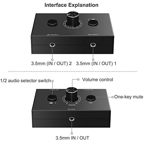 3.5Mm Audio Switcher, 2 Input 1 Output / 1 Input 2 Output Audio Splitter Switcher, Audio Switcher Box, One-Key Mute Button, No External Power Required #TOP2