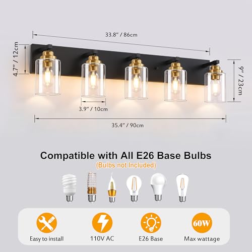 Image of 5-Light Black and Gold Bathroom Vanity Light, Clear Glass Shade | 35.4 inch Wall Mount Over Mirror Lighting Fixtures, Brushed Gold Finish, Durable Metal, Modern Farmhouse Style, for Bathroom
