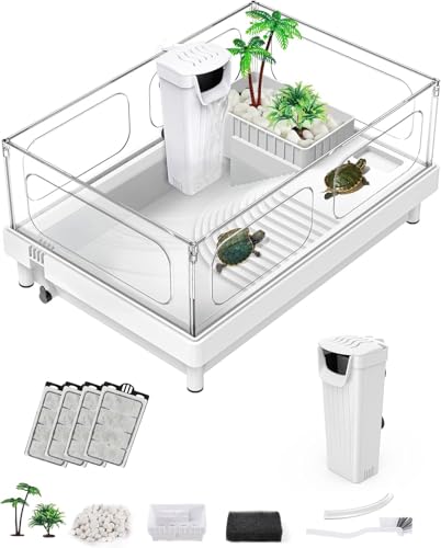 MoonOrange Small Turtle Tank with Filter, Turtle Aquarium, Acrylic Turtle Terrarium with Basking Platform, Bottom Drainage, Multi-Function Areas for Turtles, Crayfish, Small Reptiles.(Tank+Filter)