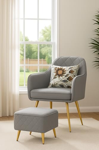 Image of Velvet Accent Chair with Matching Pouffe & Floral Cushion | Modern Upholstered Armchair with Gold Metal Legs | Lounge Chair for Living Room, Bedroom, Office, Guest Room (Light Grey Diona)