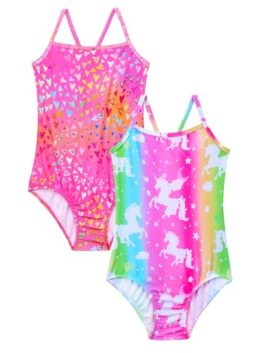 Bundle of Girls Bathing Suits Colorful Swimsuits with UPF 50 + Sun Protection Sleeveless Toddler Kids One Piece Swimwear