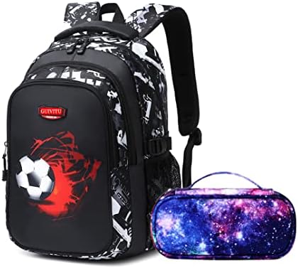 GUIVITU School Backpack for Boys Teenagers Football Print Children Schoolbag Girls 8-16 Years Nylon Waterproof Kids Bookbags with Pencil Case