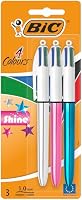 BIC 954330 4 Colours Shine Retractable Ball Pen Medium Point (1.0 mm) - Assorted Body Colours, Pack of 3 Pens