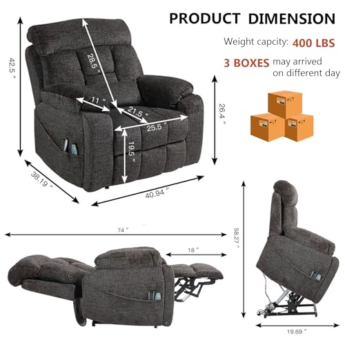 Image of 4 Motor Power Lift Recliner Chair for Elderly, 400LBS Big Man Oversized Lay Flat Recliner with Massage Heat, Zero Gravity Electric Lift Chair, Adjustable Headrest, Cup Holders,Dark Grey
