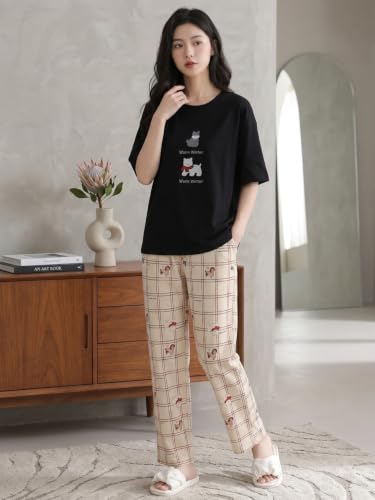 Image of Women's Korean Style Looper Fabric Nightsuit Set | Cute Print Half Sleeve T-Shirt & Pajama Set | Soft Comfortable Nightwear & Loungewear for Women