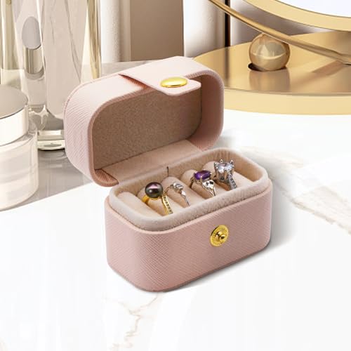 Lindo suporte de anel de viagem, mini caixa de joias de poliuretano de sarja de luxo com 4 compartimentos para anel, brincos, estojo de joias de viagem compacto com botão de pressão para mulheres