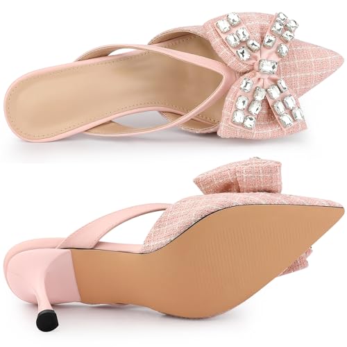 Allegra K Women's Pointed Toe Tweed Rhinestone Bow Stiletto Heels Pink Mules 7 M US