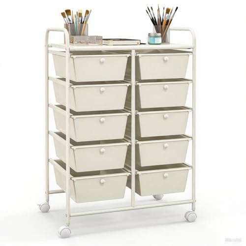 GLACER 10 Drawer Rolling Cart, Storage Cart with Lockable Whieels & Metal Frame, Trolley for Art Craft Oganizer, Mobile Utility Cart for Office, School, Classroom, Kitchen (Ivory Color)