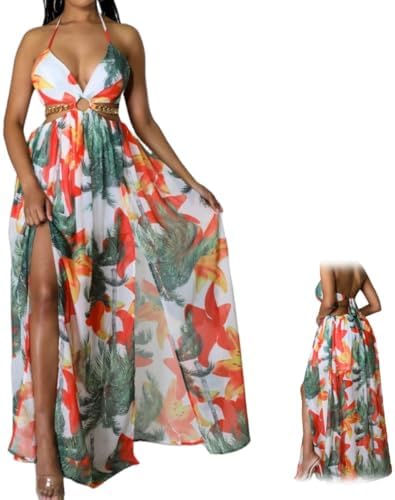 Women's Floral Print Chain Decor Split Thigh Tie Back Dress,V Nec...