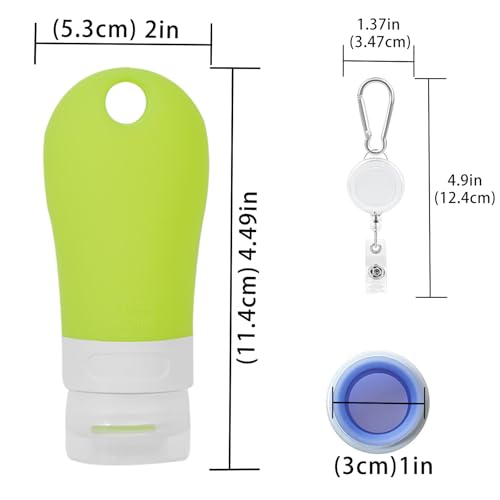 LUEXBOX 4 PACK Portable Travel Bottle Set, Leakproof Silicone Bottles with Stretchable Lanyard, Travel Sized Empty Liquid Bottles Container, Reusable, Squeezable and Refillable (Blue & Green)4