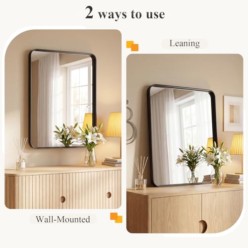 Image of Sweetcrispy Bathroom Mirror 40x32 Inch Metal Framed Rounded Rectangle Vanity Mirror for Wall, Over Sink, Farmhouse, Restroom, Anti-Rust, Modern Decorative, Horizontal or Vertical Hanging, Black