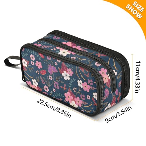 Image of Pencil Case Big Capacity Flower Floral Handheld 3 Compartments Pencil Pouch Portable Large Storage Canvas Pencil Bag for Boys Girls Adults Students